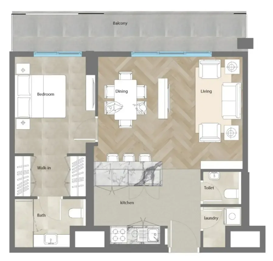 Al Mahra Residence 1 bed floor plan, 762 – 800 sqft
