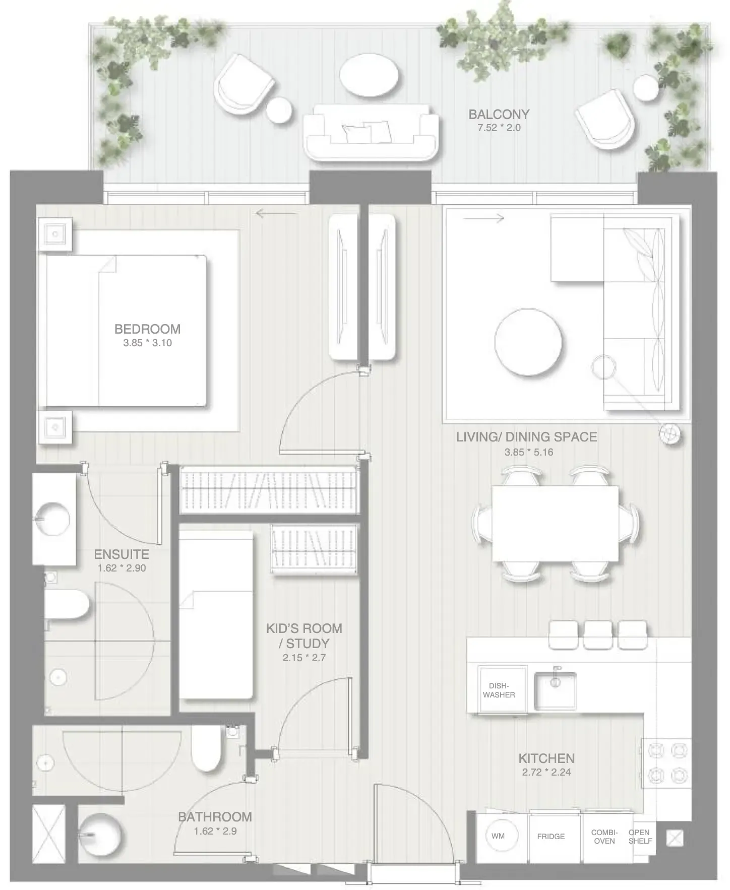 Sol Levante 1 bed floor plan, 865 sqft