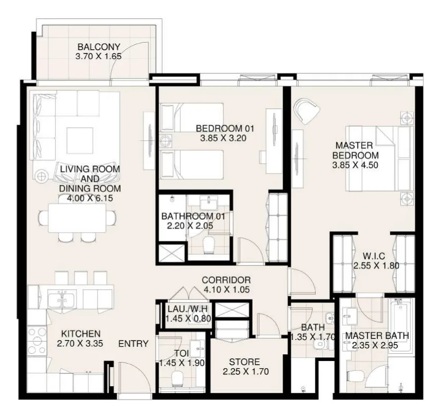 Canal Front Residences 3 and 4 2 bed floor plan, 1,351 sqft