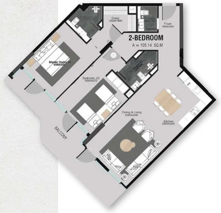 Cresswell Plaza 2 bed floor plan, 1,332 sqft