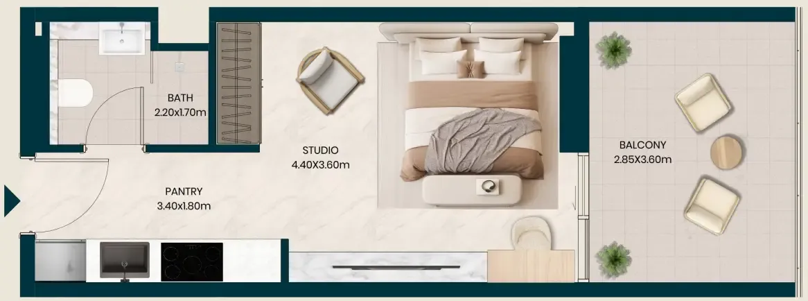 Kyomi Residences Studio floor plan, 430 sqft