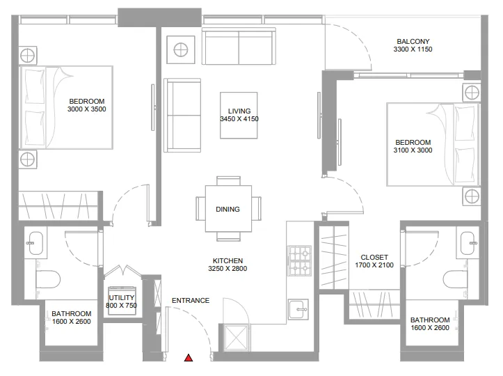 Pristine Beach Residences 2 bed floor plan, 776 sqft