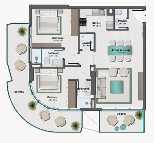 Sereno Residences 2 bed floor plan, 1,276 sqft