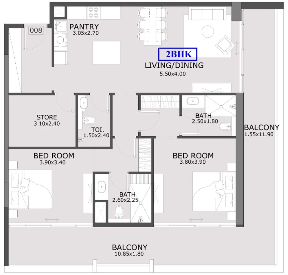 Azra Residence 2 bed floor plan, 1,581 sqft