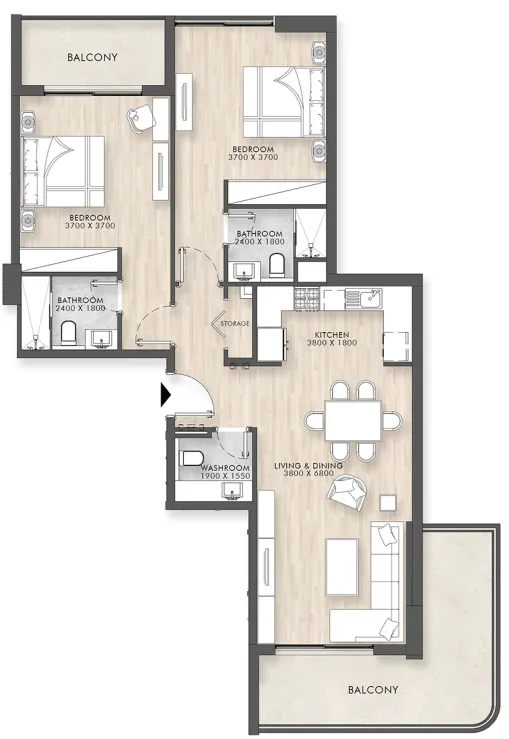 Capital Horizon Terraces 2 bed floor plan, 1,275 sqft