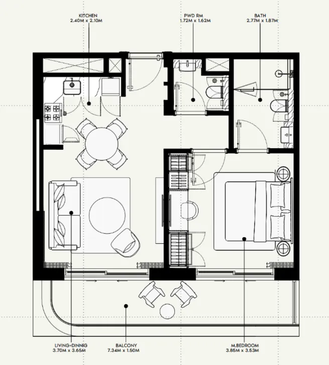 Azizi Venice 1 bed floor plan, 689 sqft
