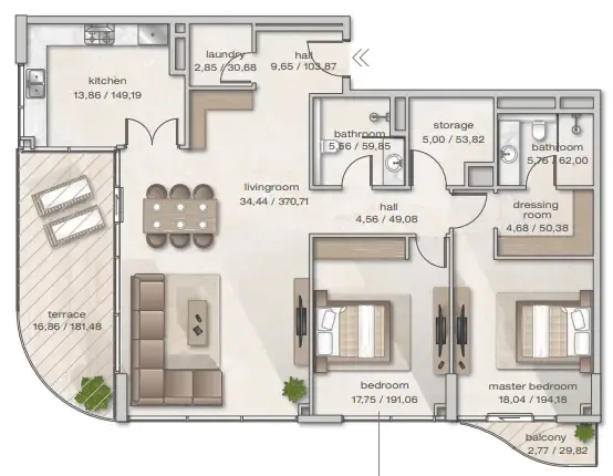 Zephyra Residences 2 bed floor plan, 1,662 sqft