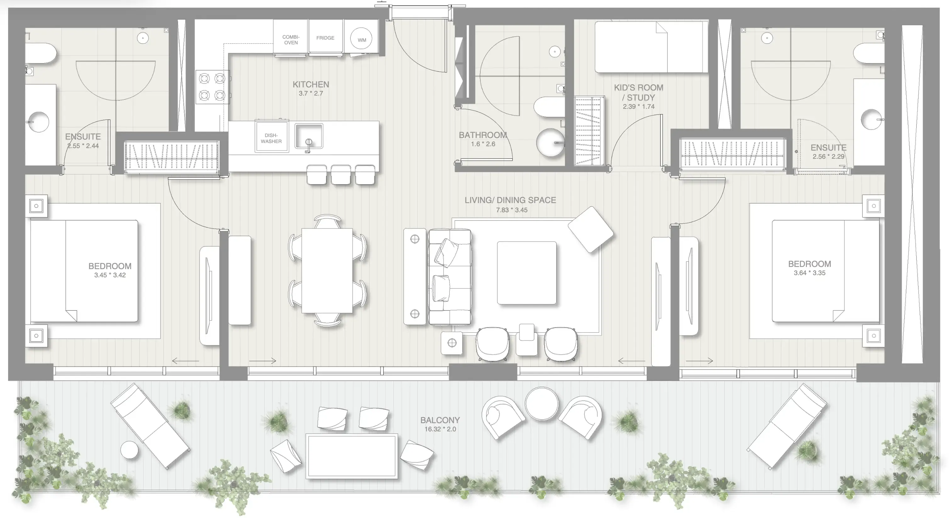 Sol Levante 2 bed floor plan, 1,418 sqft