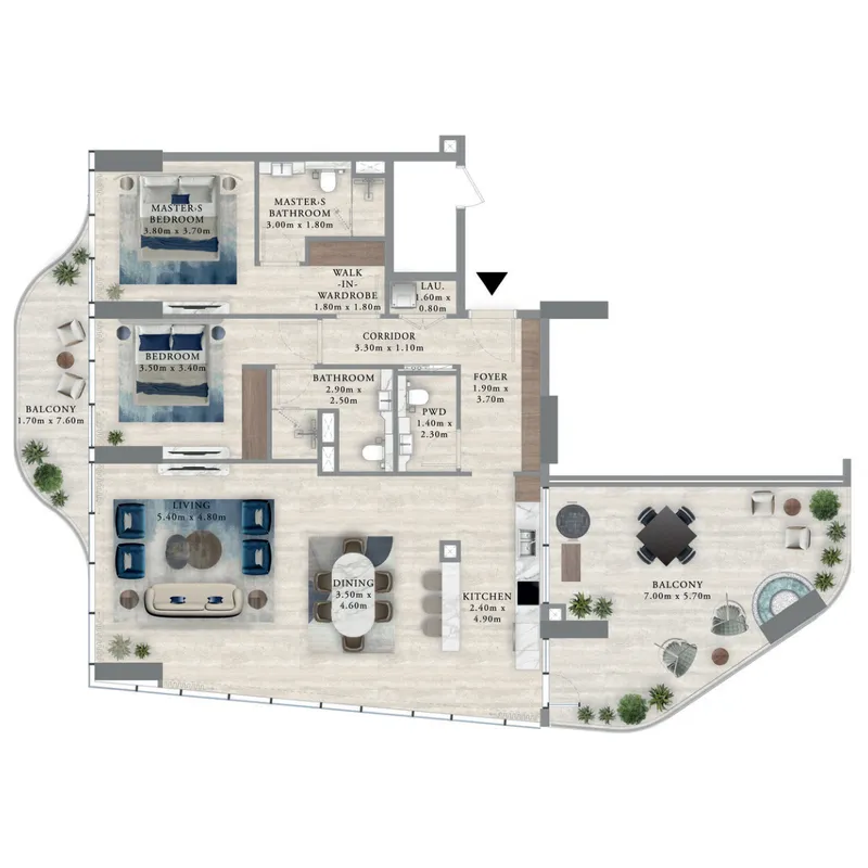 Royal Yacht Club Residence 2 bed floor plan, 1,888 sqft