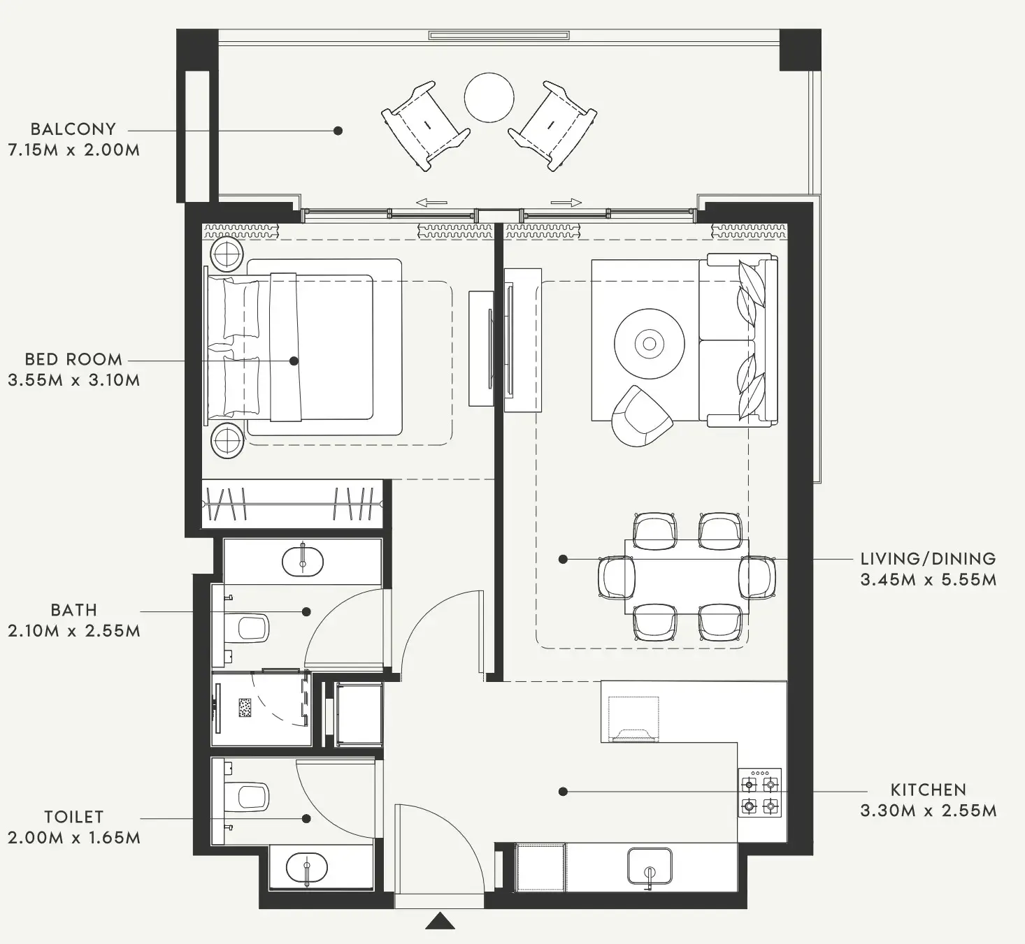 Riviera 58 1 bed floor plan, 809 sqft