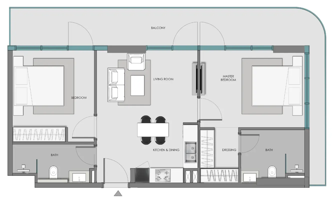 Samana Hills South 3 2 bed floor plan, 1,023 sqft