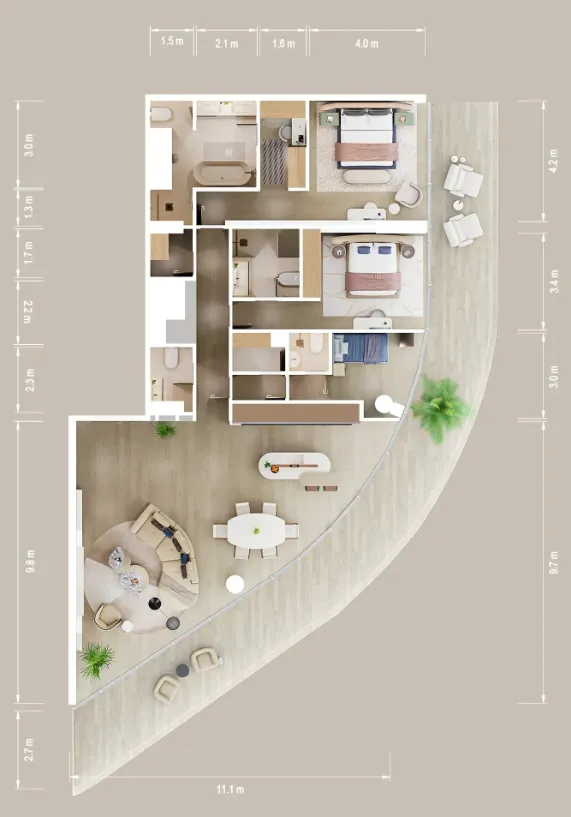 Mandarin Oriental Residences 2 bed floor plan, 2,569 sqft
