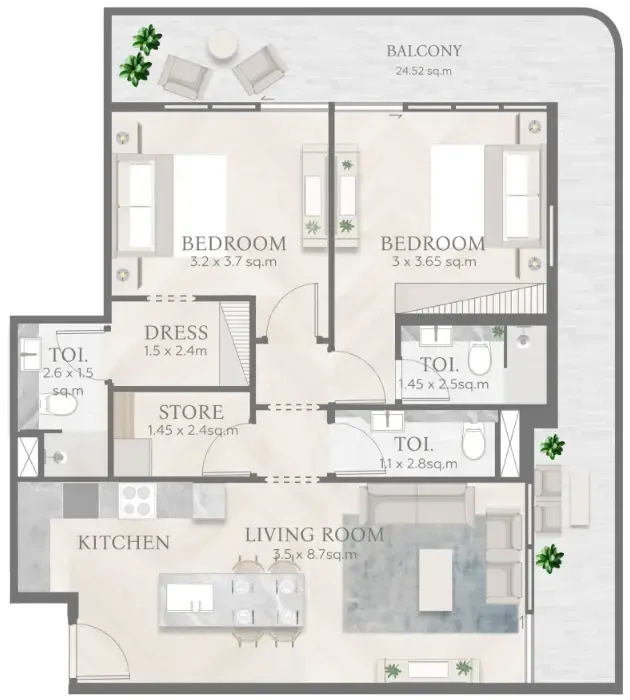 Casa Aura Residence 2 bed floor plan, 1,167 sqft