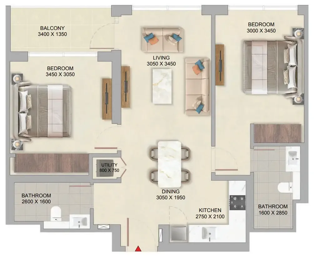 The Woods at Sobha Sanctuary 2 bed floor plan, 864 – 1,038 sqft