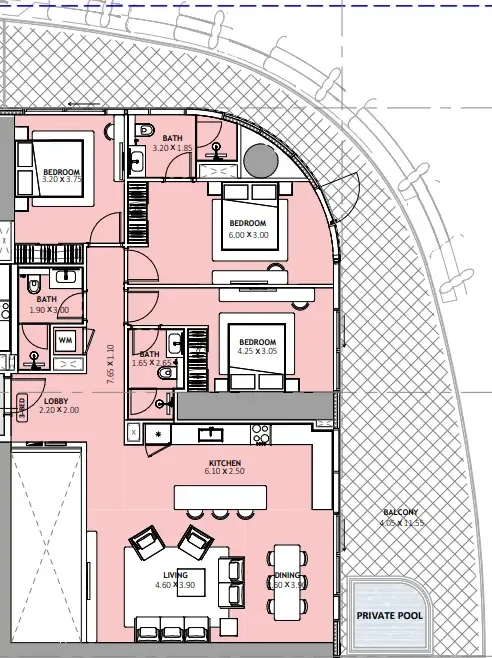 Binghatti Skyblade 3 bed floor plan, 2,184 sqft