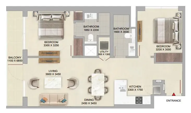 The Woods at Sobha Sanctuary 2 bed floor plan, 964 sqft