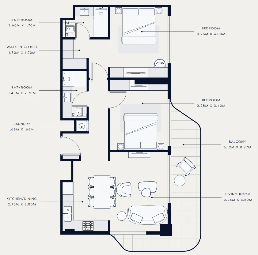 Azizi Venice 2 bed floor plan, 1,027 sqft