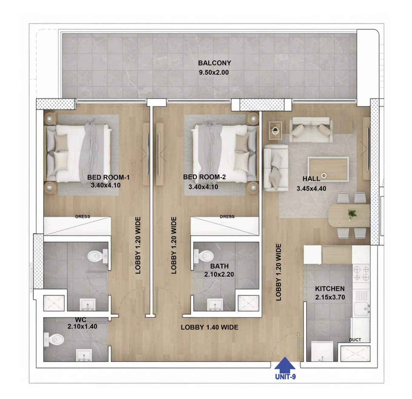 RR Grand 2 bed floor plan, 1,194 – 1,207 sqft