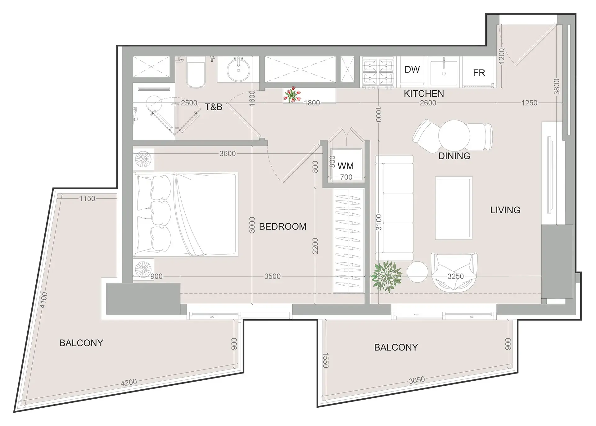 SKY LEVEL 1 1 bed floor plan, 594 – 596 sqft