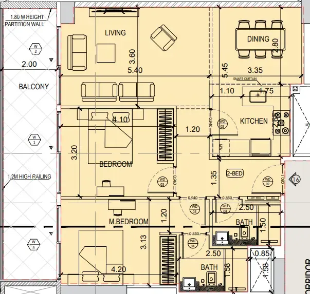 Binghatti Amberhall 2 bed floor plan, 1,186 sqft