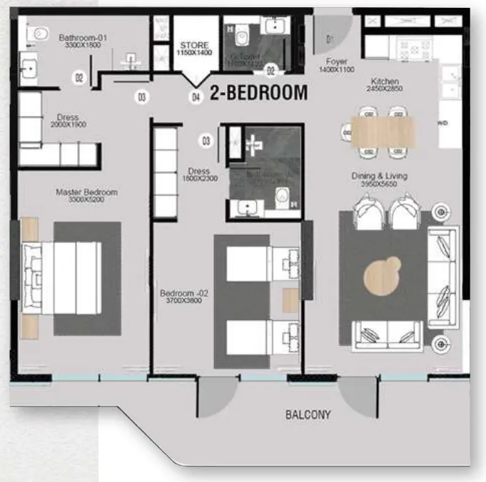 Cresswell Plaza 2 bed floor plan, 1,287 sqft