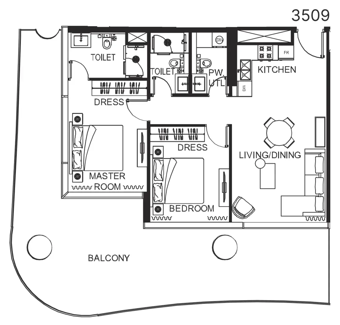 The WOW Tower 2 bed floor plan, 1,432 sqft