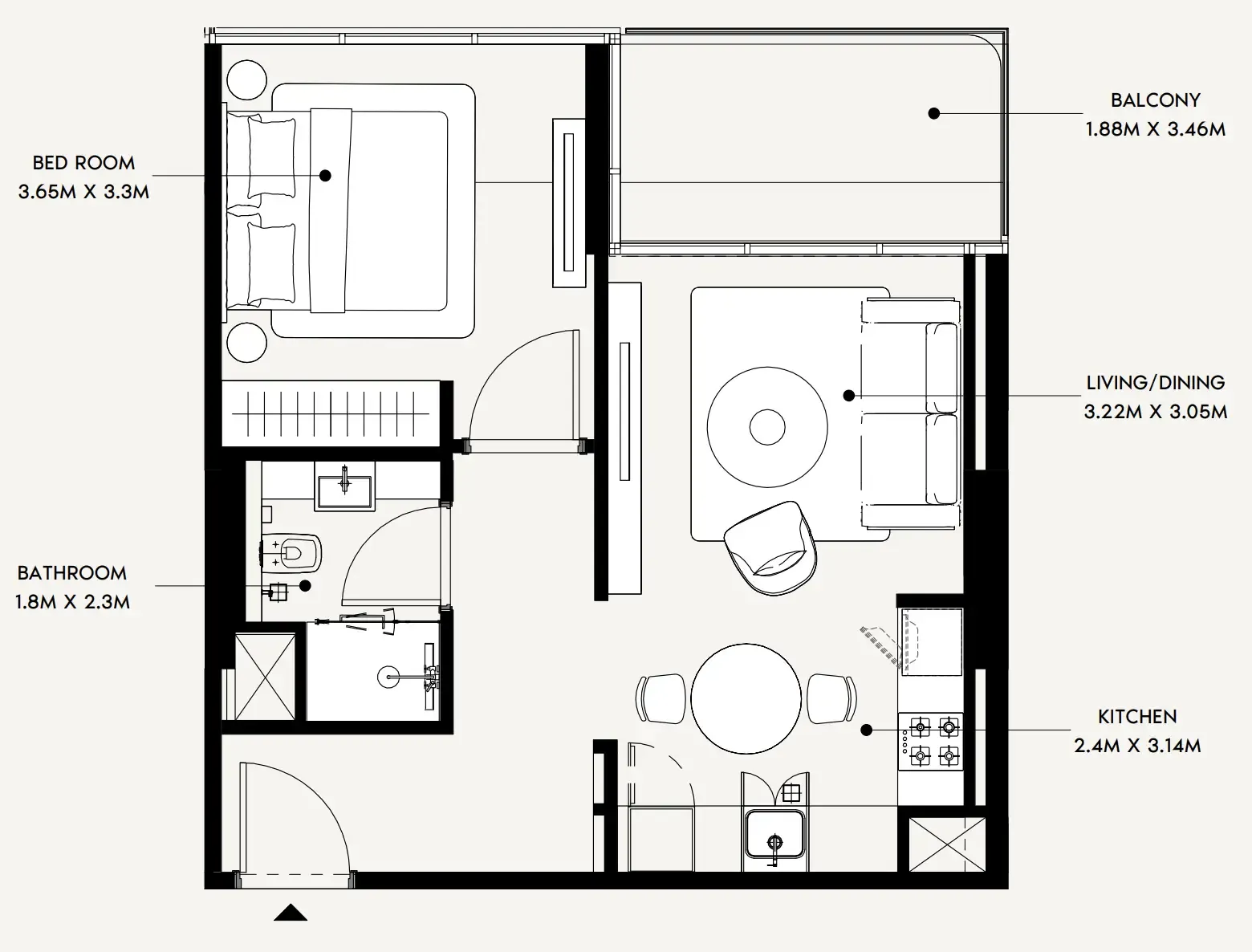Creek Views 4 1 bed floor plan, 574 sqft