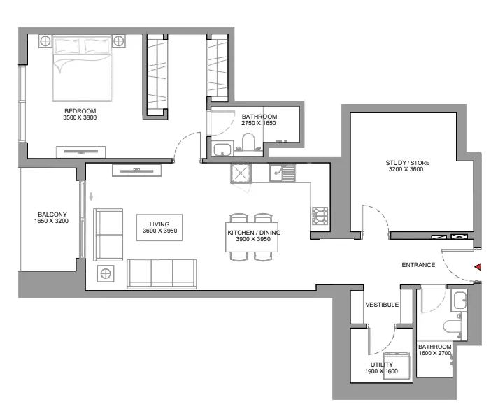 Skyscape 1 bed floor plan, 1,153 sqft