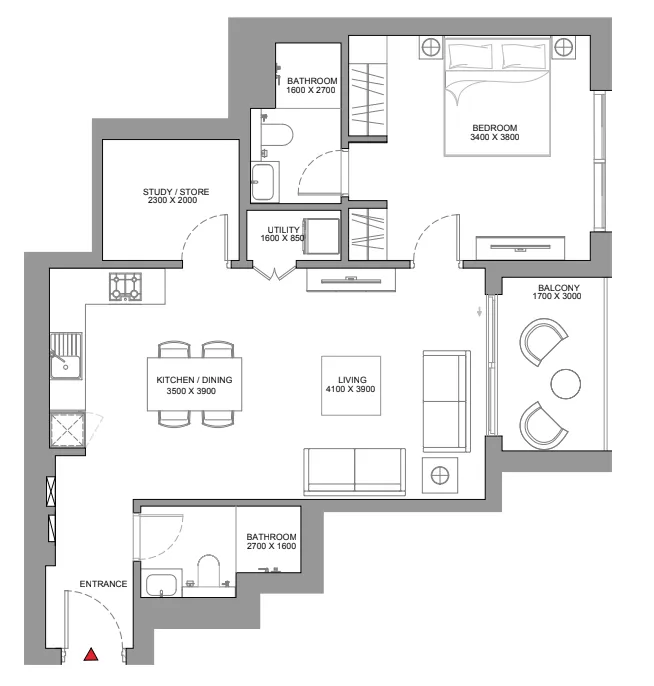 Skyscape 1 bed floor plan, 1,093 – 1,127 sqft