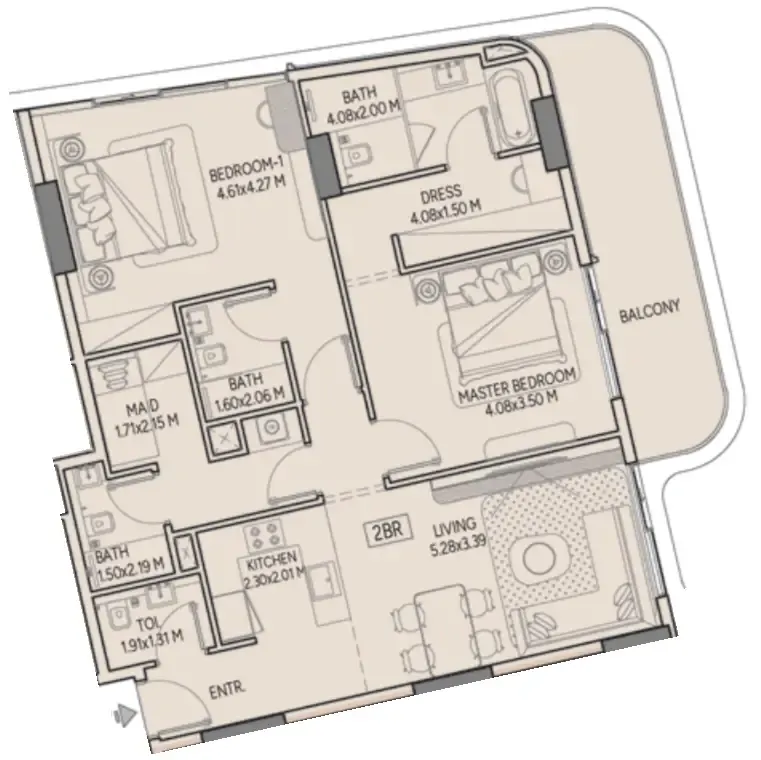 Weston by Wadan Phase 1 & 2 2 bed floor plan, 1,245 sqft