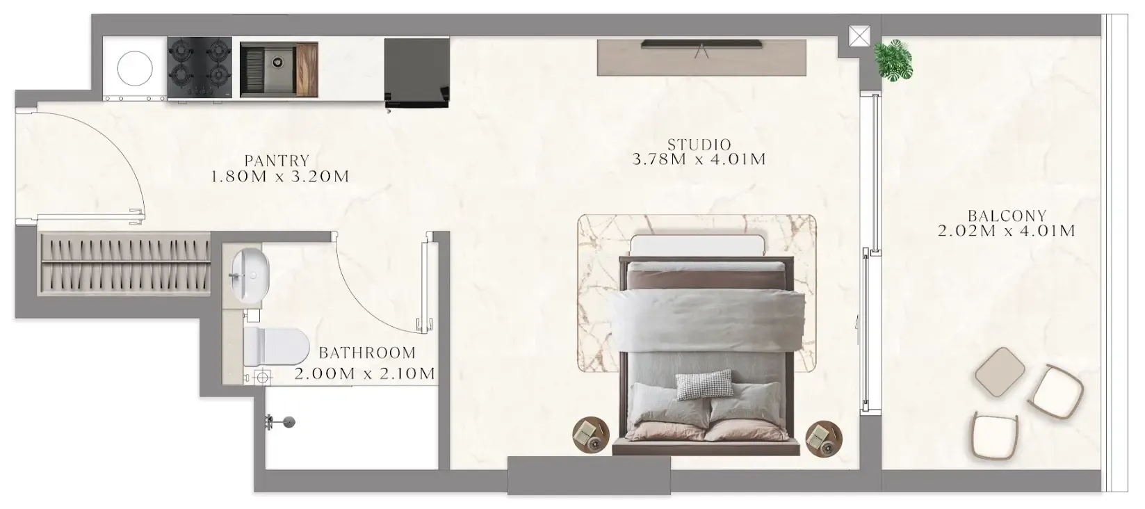 Aum 99 Residences Studio floor plan, 412 sqft