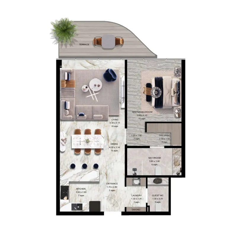 Jacob and Co Beachfront Living 1 bed floor plan, 1,001 – 1,496 sqft