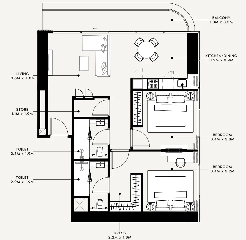 Azizi Milan 2 bed floor plan, 1,075 sqft