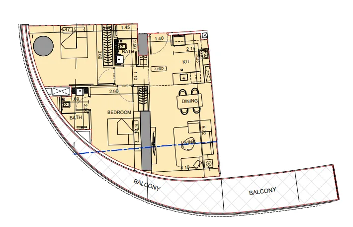 Binghatti Aquarise 2 bed floor plan, 1,276 sqft