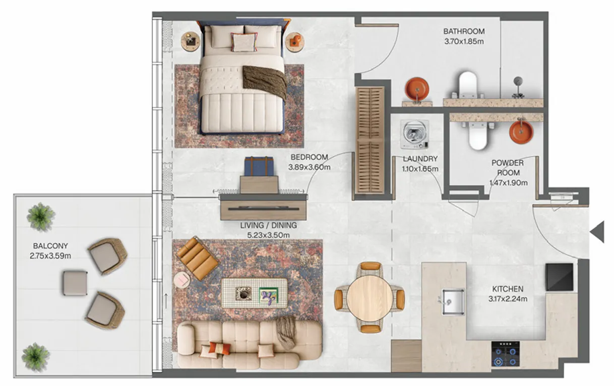Raw District Phase 2 1 bed floor plan, 620 sqft