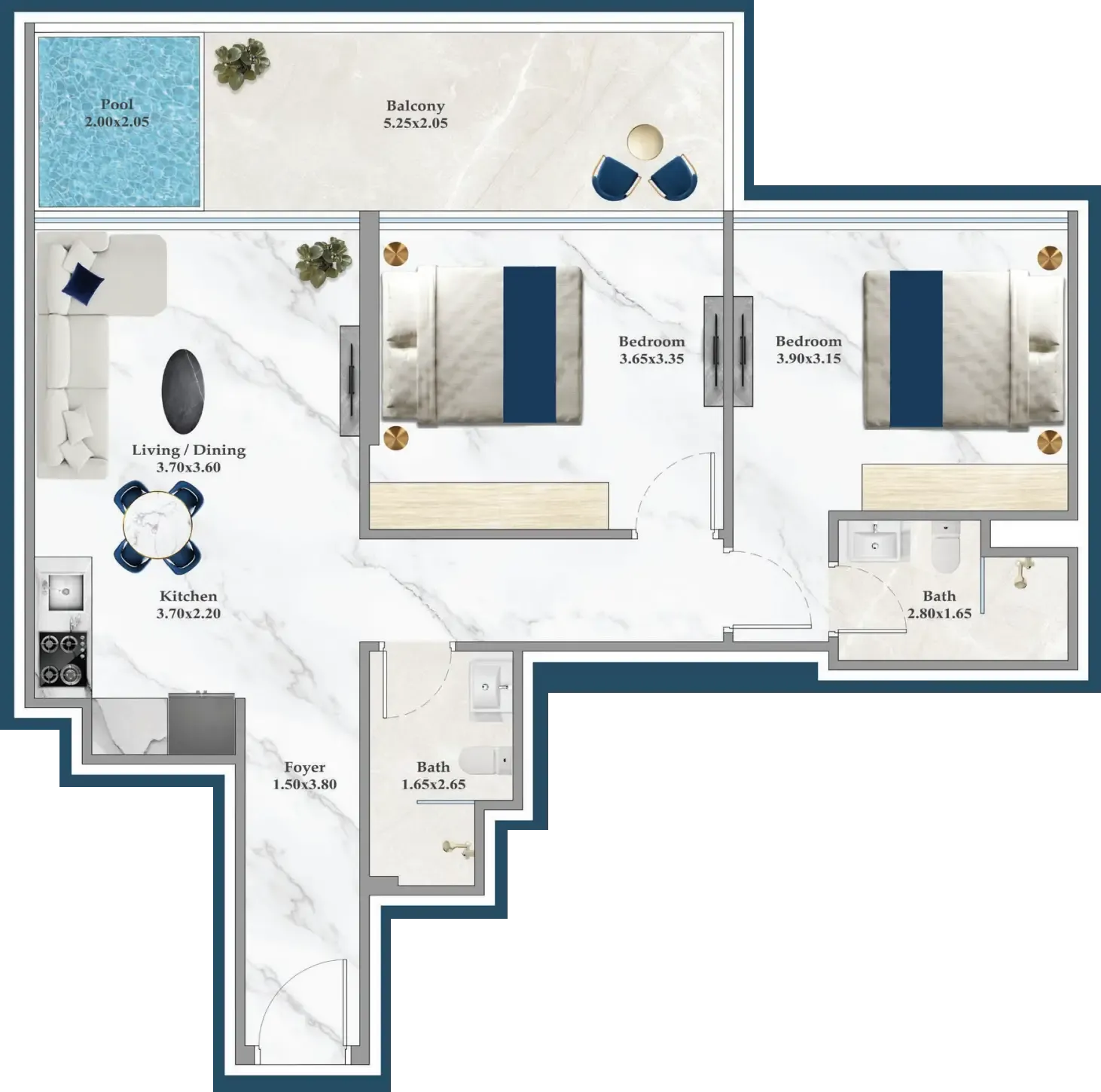Timez 2 bed floor plan, 846 sqft