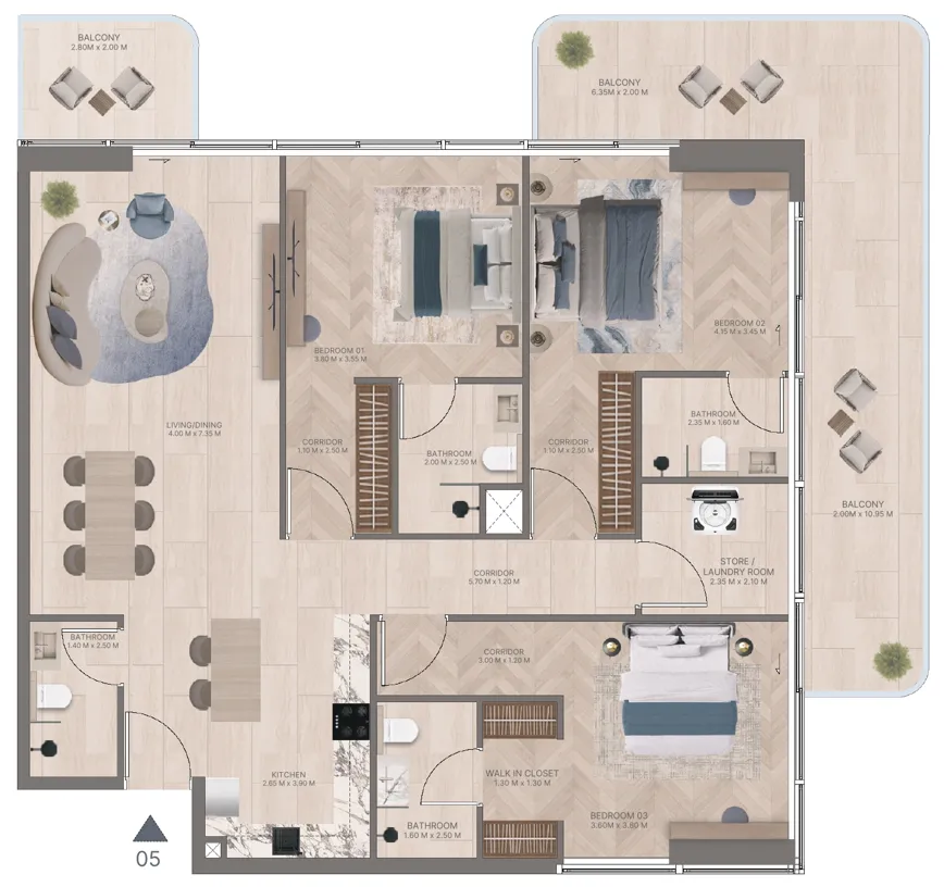 Meriden Beach Residences 3 bed floor plan, 1,842 – 1,882 sqft