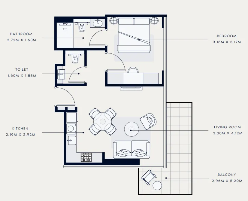 Azizi Venice 1 bed floor plan, 666 sqft