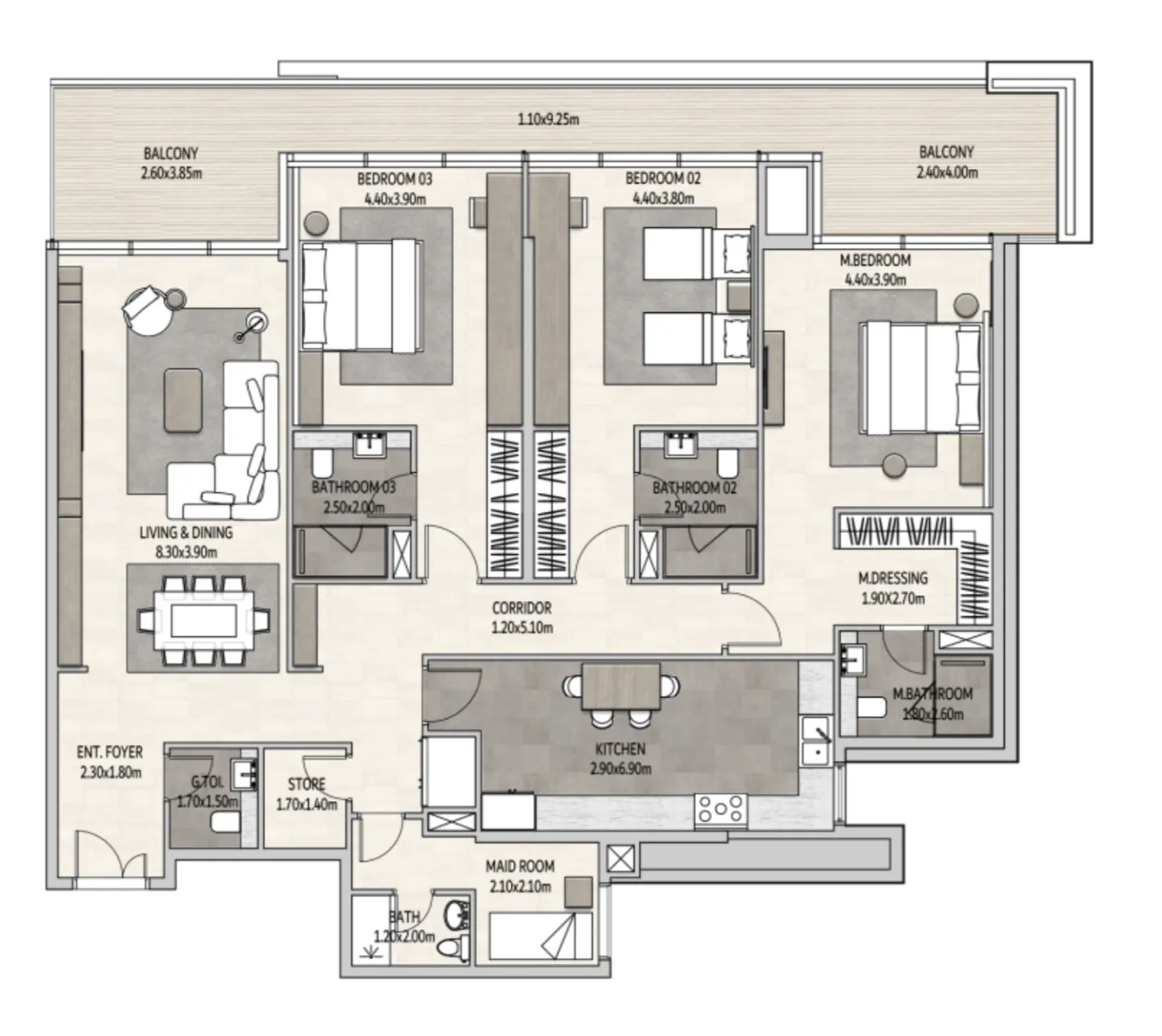 Vista Del Mar 3 bed floor plan, 2,279 – 2,382 sqft
