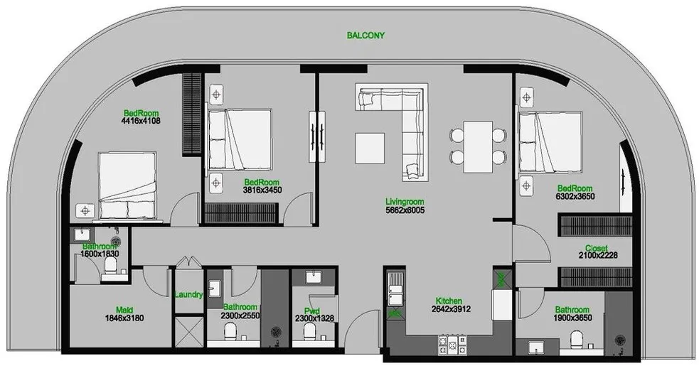 The Central Downtown 3 bed floor plan, 2,204 sqft