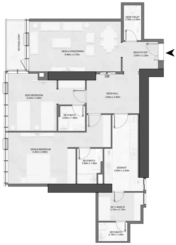 Joud Tower 2 bed floor plan, 1,542 sqft