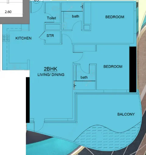 Volga Tower 2 bed floor plan, 1,344 sqft