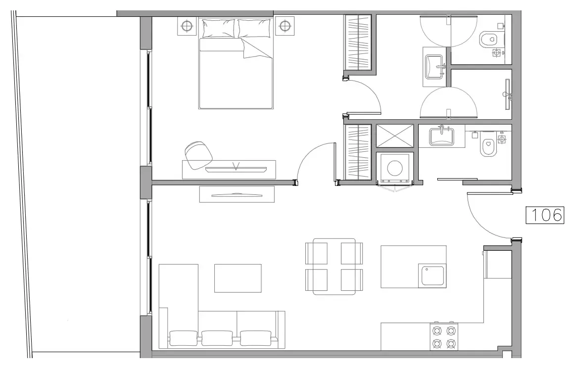 Trevino 1 bed floor plan, 833 sqft