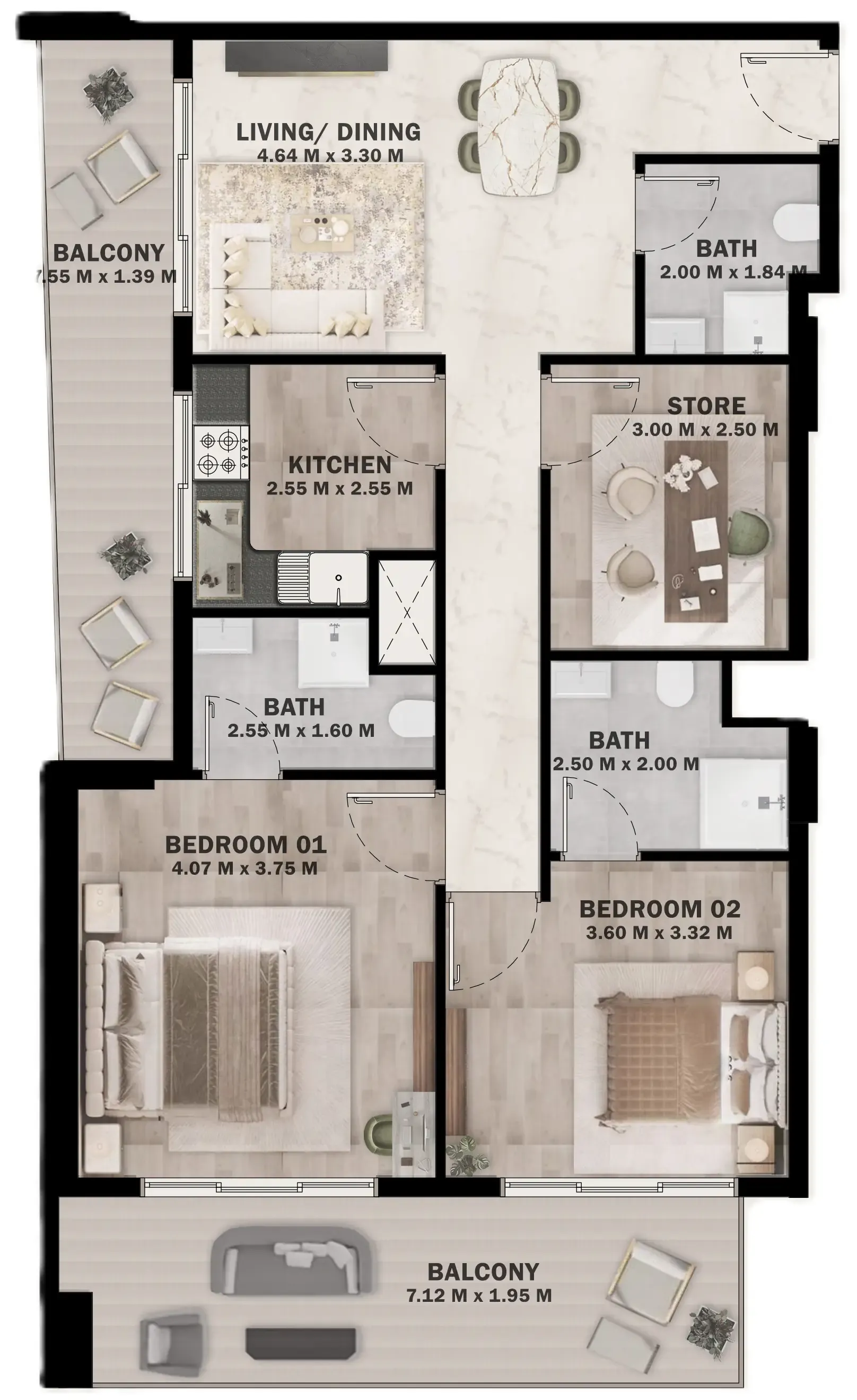 VOI Residence 2 bed floor plan, 1,167 – 1,174 sqft
