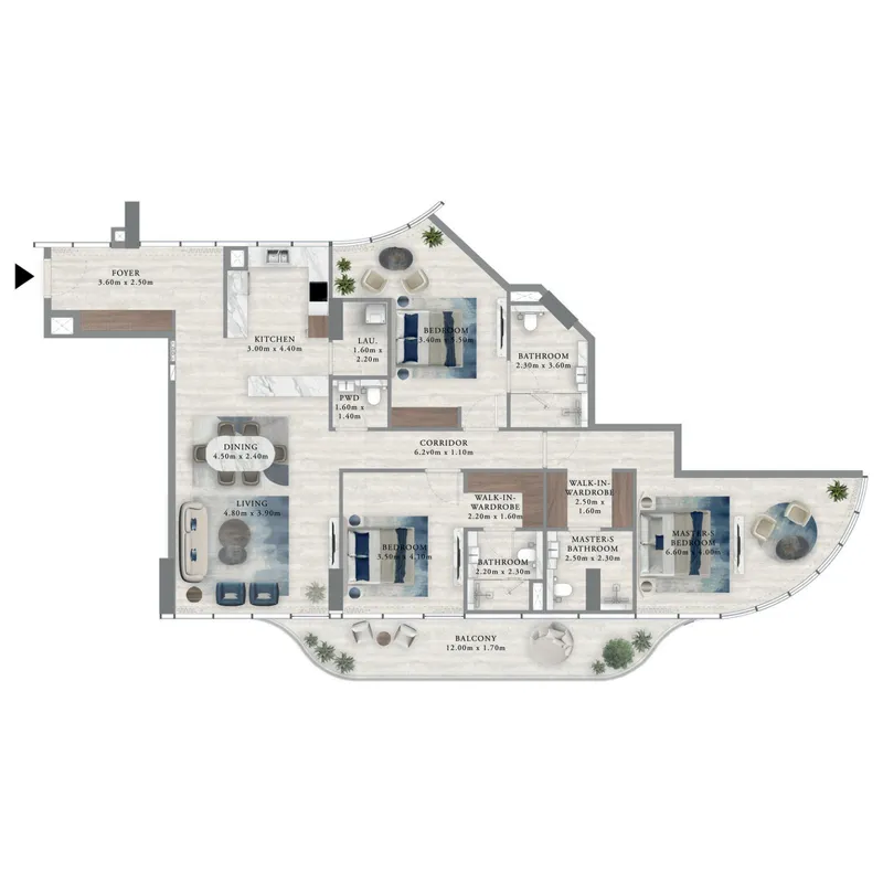 Royal Yacht Club Residence 3 bed floor plan, 2,004 sqft