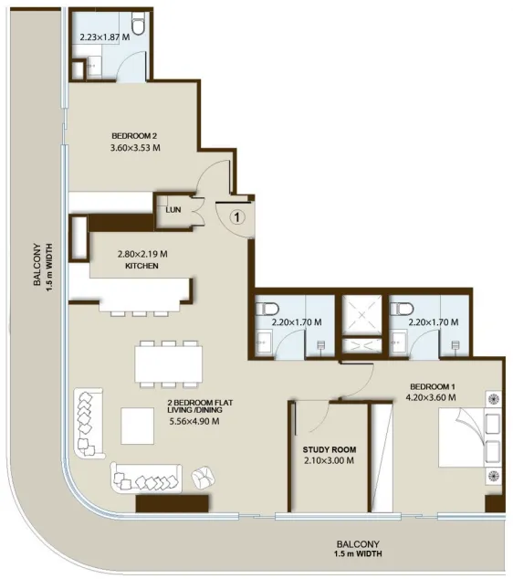 PG Maison 2 bed floor plan, 1,528 sqft