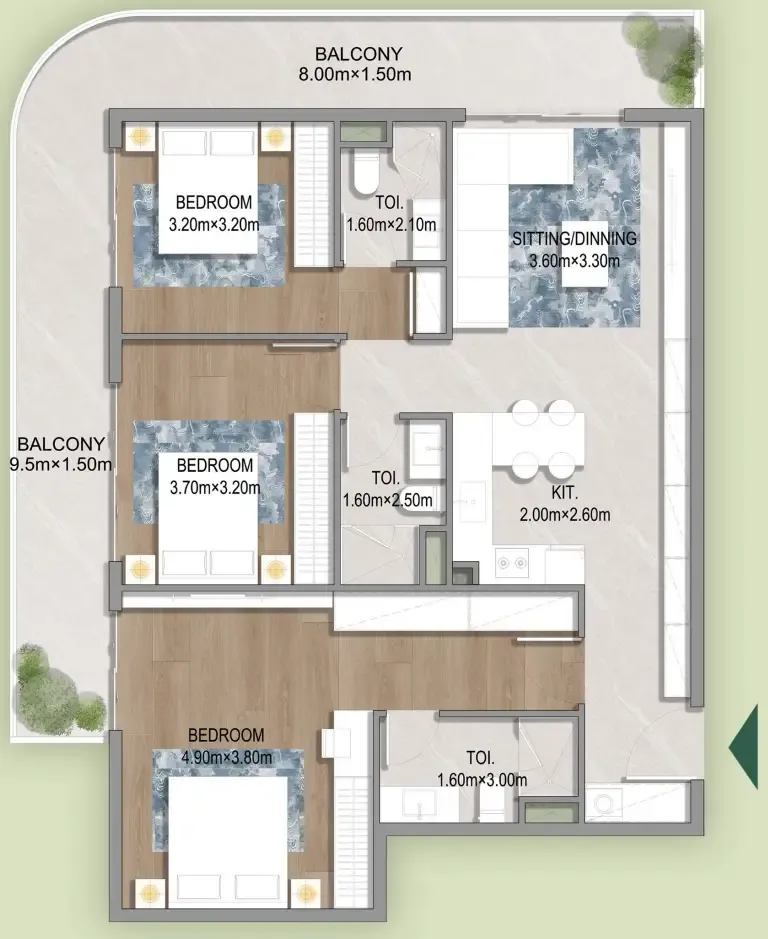 Oasis Residences 3 bed floor plan, 1,391 sqft