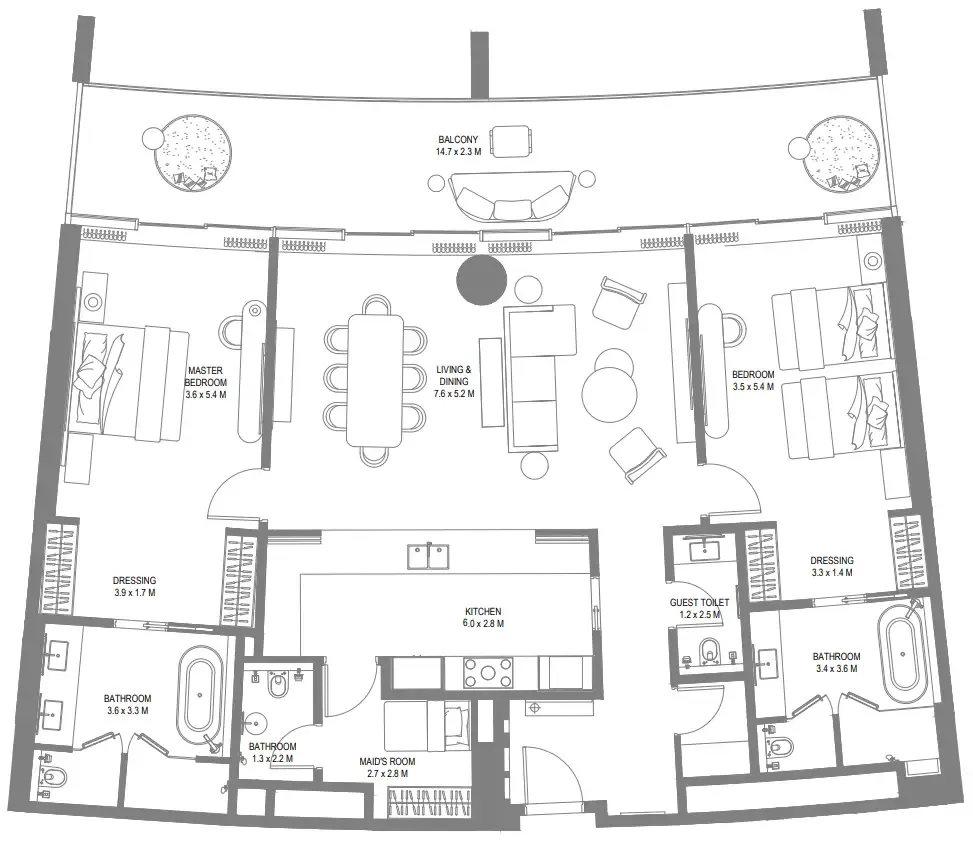 Anantara Sharjah Resort 2 bed floor plan, 2,212 sqft