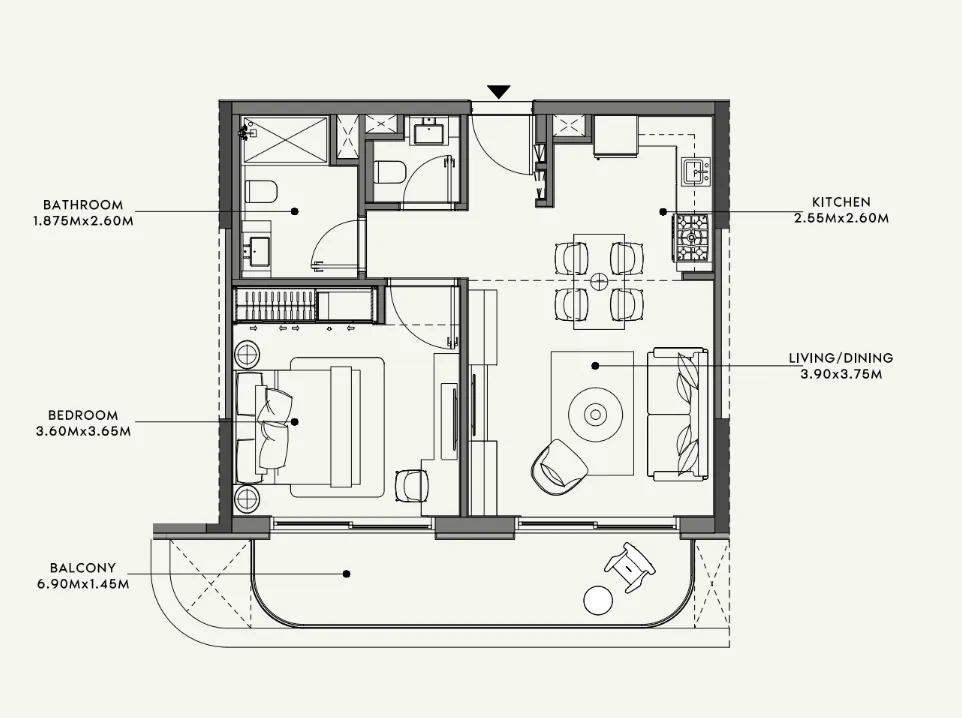 Azizi Venice 1 bed floor plan, 689 sqft