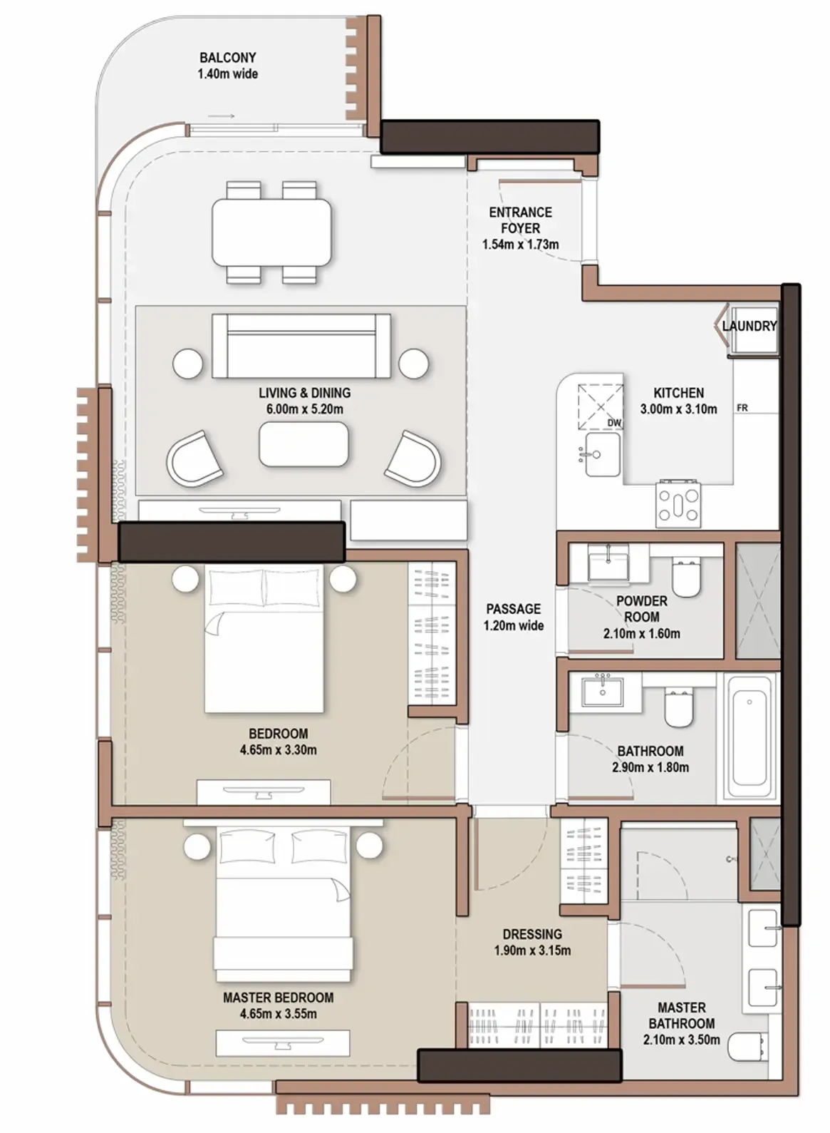 The Edit at d3 2 bed floor plan, 1,266 – 1,333 sqft